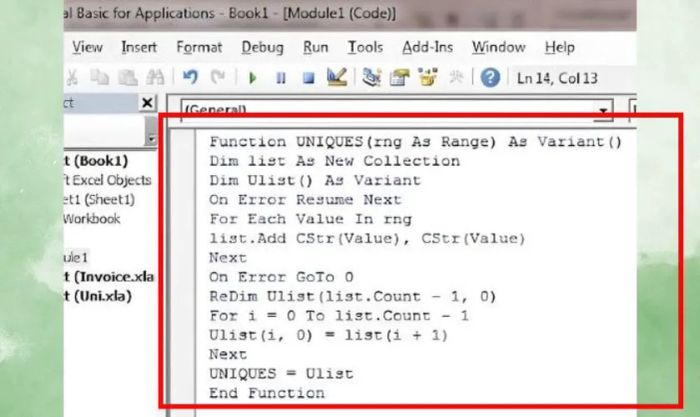 Sử dụng đoạn mã dưới đây vào module vừa tạo để thêm hàm Unique vào Excel 2016