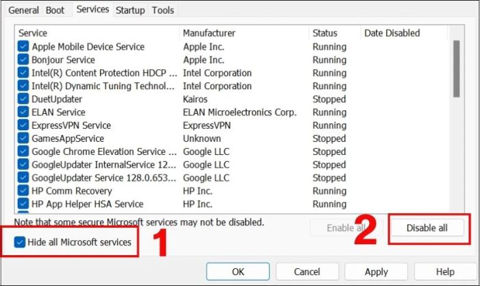 Chọn tùy chọn Hide All Microsoft Services và bấm nút Disable all