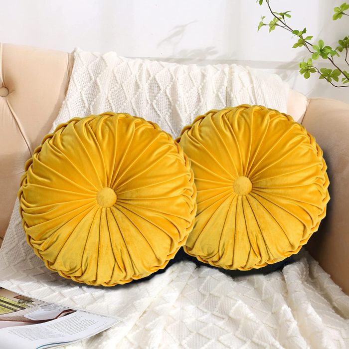 The two button velvet pillows resting on a couch.