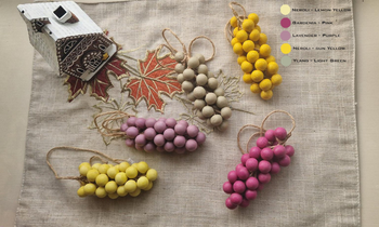 Clusters of decorative grapes in varying colors, surrounded by a gingerbread house and leaf patterns, with color labels displayed on each cluster.