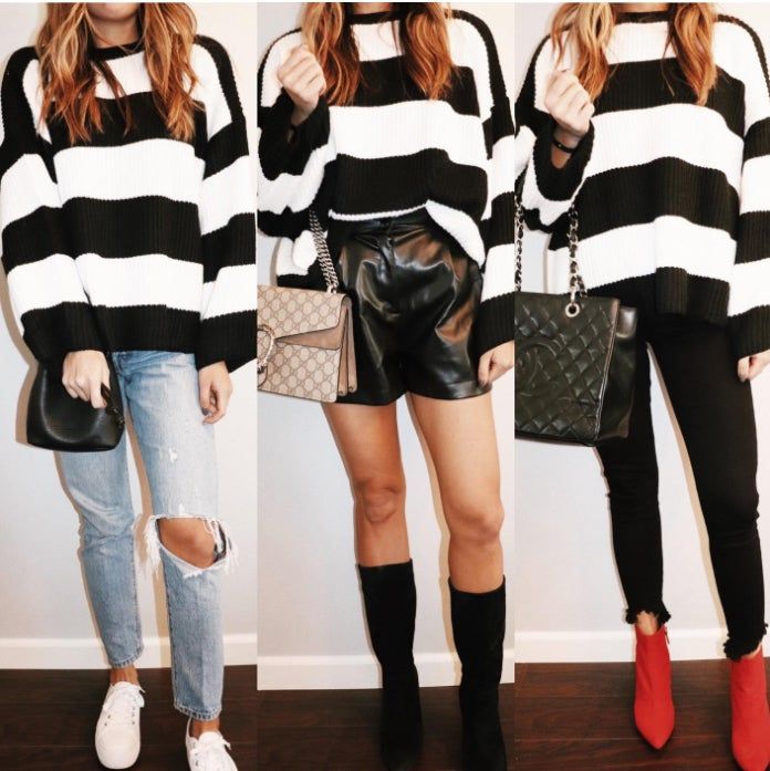 A reviewer showcasing the black and white striped sweater styled three ways: once with ripped jeans and white sneakers, again with leather shorts and knee-high boots, and finally with black pants and red ankle boots