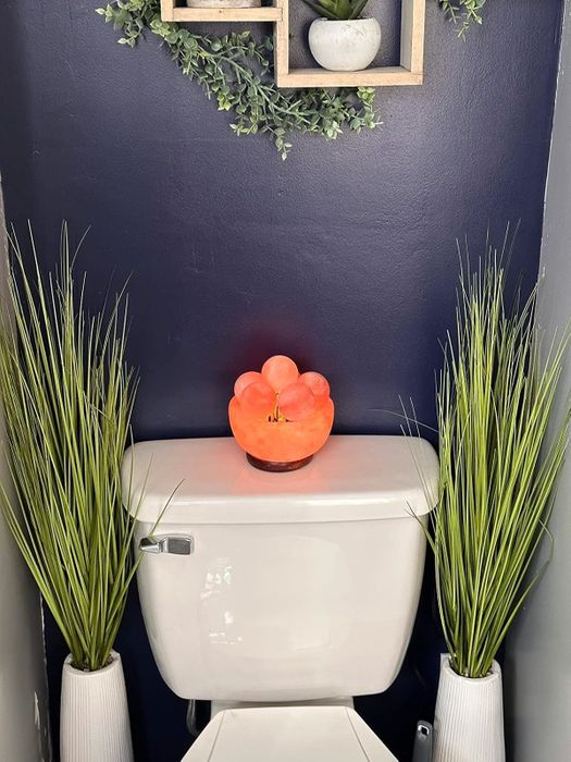 A bathroom scene featuring a Himalayan salt lamp placed on a toilet tank, surrounded by tall plants in white vases, with wall-mounted greenery above.