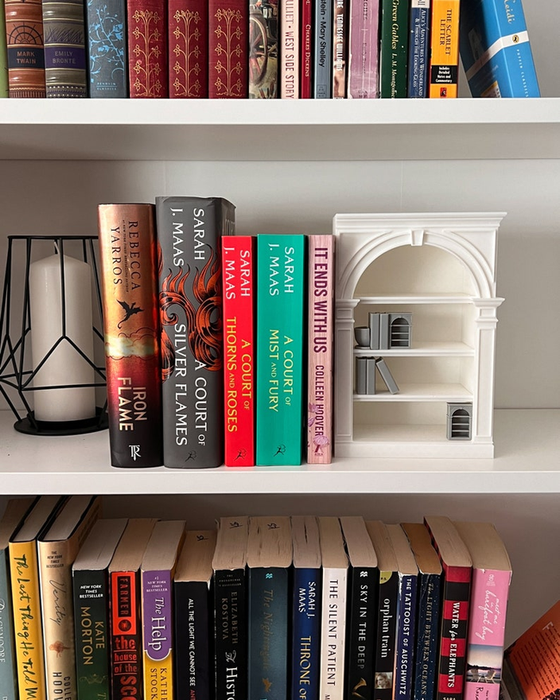A small bookshelf sitting on top of a regular-sized bookshelf.