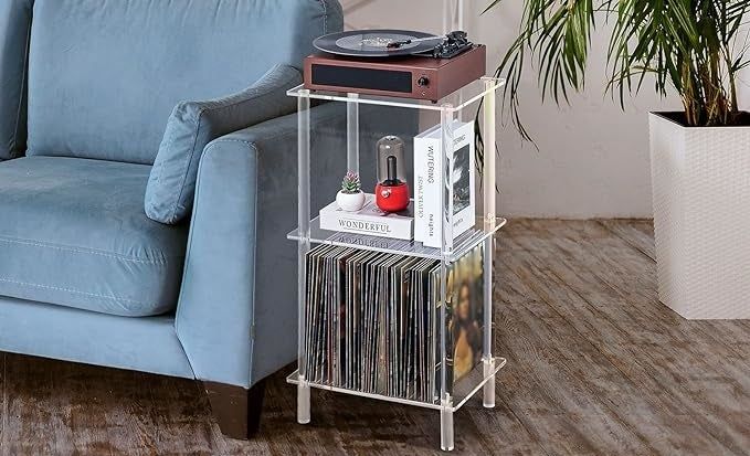 Acrylic record stand placed in a living room
