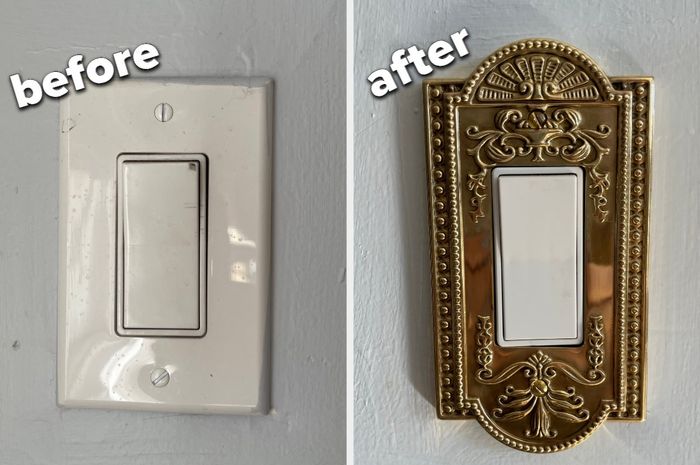 A before photo showing a plain white Mytourer switch plate and an after shot featuring a beautiful ornate brass switch plate