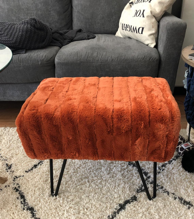 A burnt orange ottoman placed in a reviewer's living room