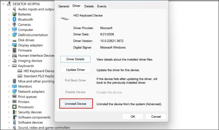 Chọn tab Driver và tiếp tục chọn Uninstall Device