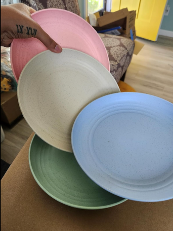 A hand holding a set of four speckled plates in soft pastel shades of pink, cream, blue, and green, placed in a cozy living room environment.