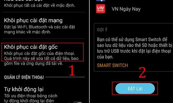 Kết nối lại sạc và kiểm tra kết quả sau khi hoàn tất việc khôi phục cài đặt gốc.