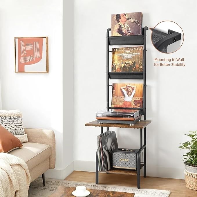 The record stand placed in a cozy living room setting