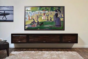 A living room with a TV showcasing Georges Seurat's