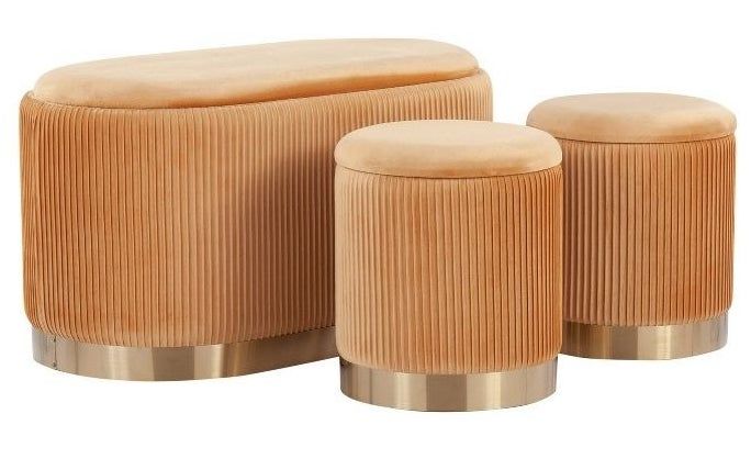Three peach and gold patterned storage ottomans