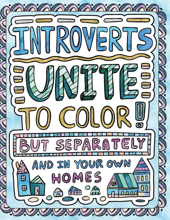 A poster saying 'Introverts Unite to color but separately and in your own homes' with colorful text and illustrations of houses