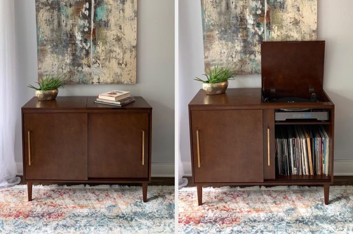 Reviewer image of a wide brown record player stand with doors both open and closed