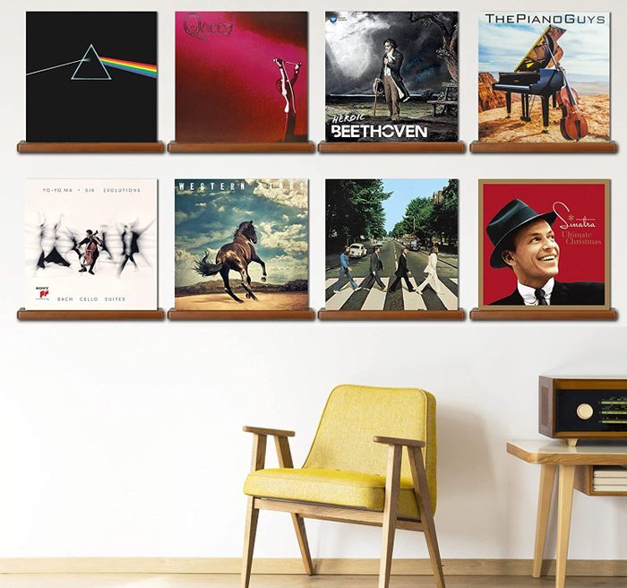 Eight vinyl records elegantly displayed across eight individual shelves