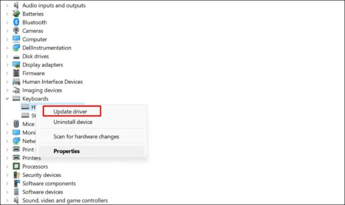 Tìm mục Keyboards, nhấp chuột phải vào tên bàn phím và chọn Update Driver