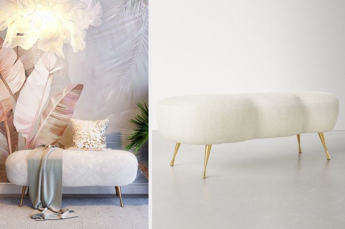 collage of lifestyle and product images showcasing a cloud-shaped white upholstered bench