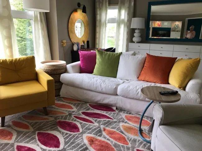 A customer's photo showing the bright and colorful solid velvet cushions on their couch