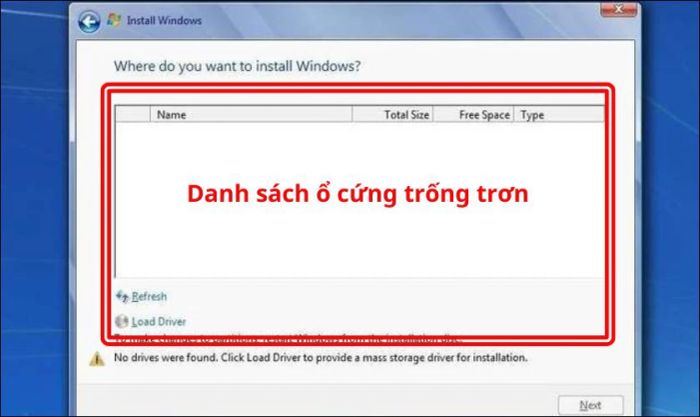 Danh sách ổ cứng không hiển thị và xuất hiện thông báo lỗi từ hệ thống
