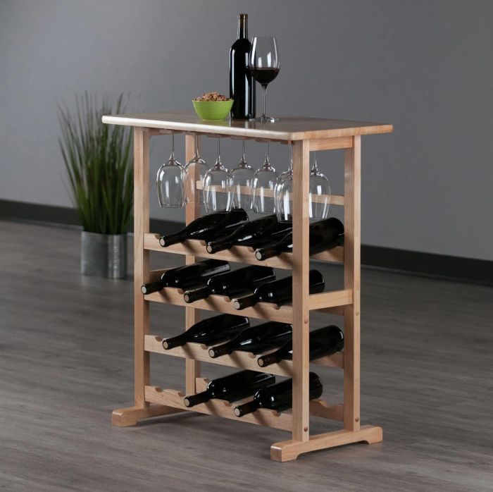 A wooden wine rack shelf, elegantly displaying bottles and wine glasses.