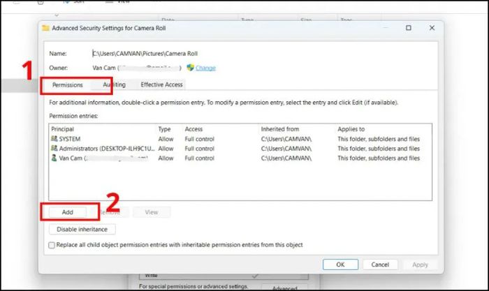 Trong tab Permissions, nhấn vào nút Add để tiếp tục
