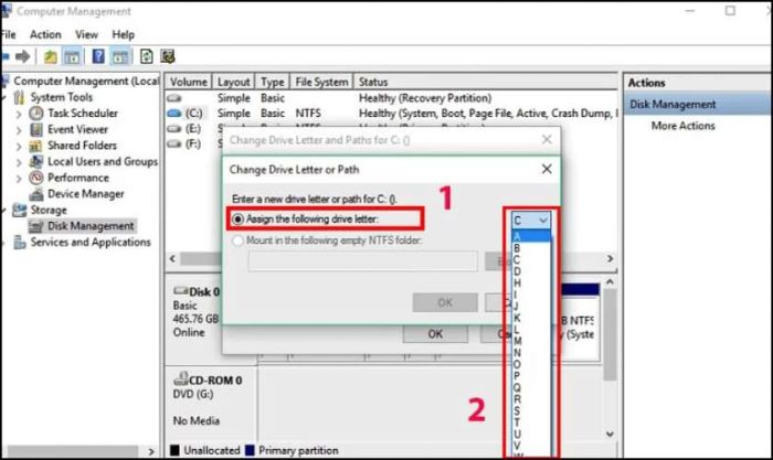 Tại mục Assign the following drive letter: Chọn một ký tự để máy tính có thể nhận diện ổ cứng thứ 2.