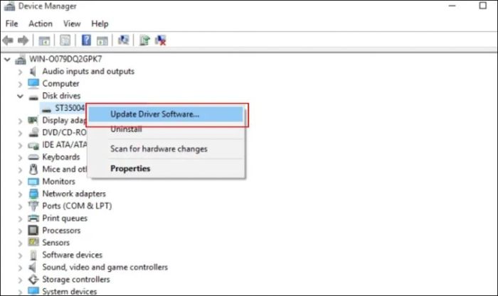 Nhấn chuột phải và chọn Update Driver Software