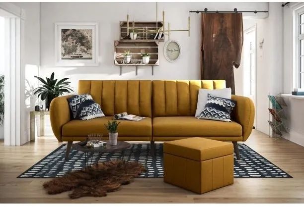 A mustard-colored couch in a living room setting.