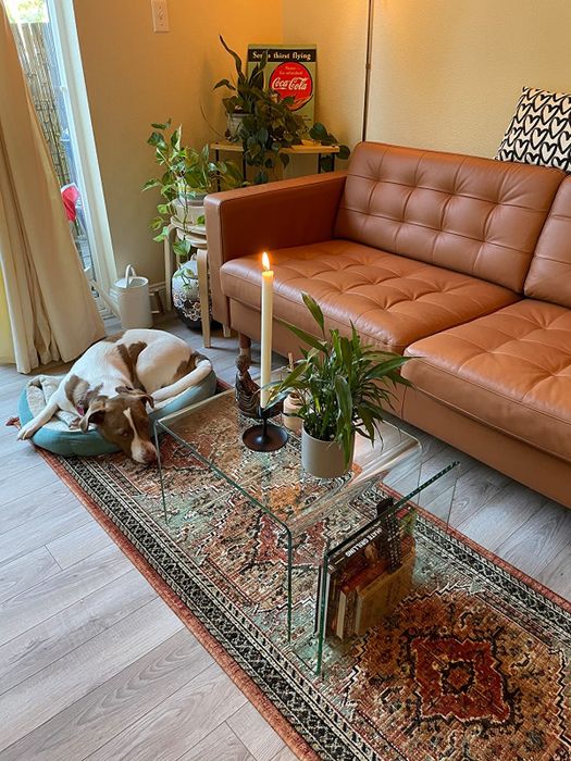 A reviewer photo of the S-shaped table turned on its side, now used as a coffee table