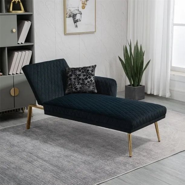 A black chaise lounge with elegant gold legs