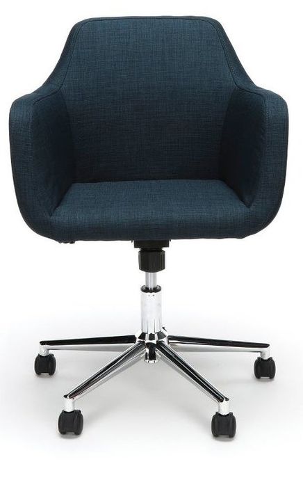 A blue adjustable office chair, offering both comfort and style for long work hours.