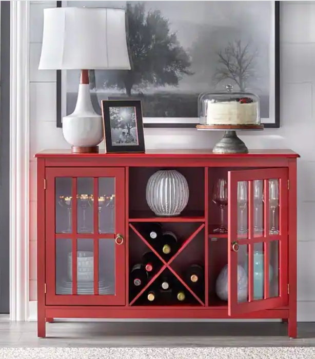 Red and glass bar cabinet featuring X-shaped cubby storage