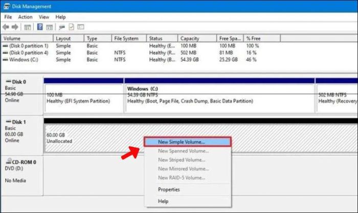 Sử dụng Disk Management khi ổ cứng nhận nhưng không hiển thị.