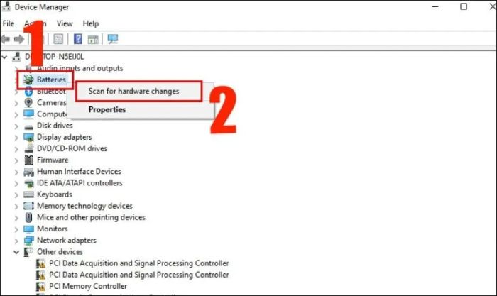 Nhấn chuột phải vào mục Batteries và chọn Scan for hardware changes