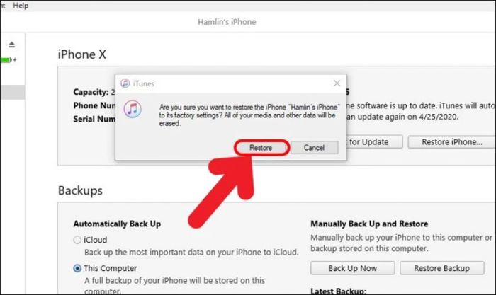 Cuối cùng, bạn chọn Restore để khôi phục lại thiết bị của mình.