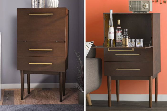 Compact brown bar cabinet with elegant gold handles