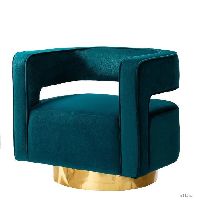 A swivel barrel chair in teal and gold, offering both style and comfort for any modern space.