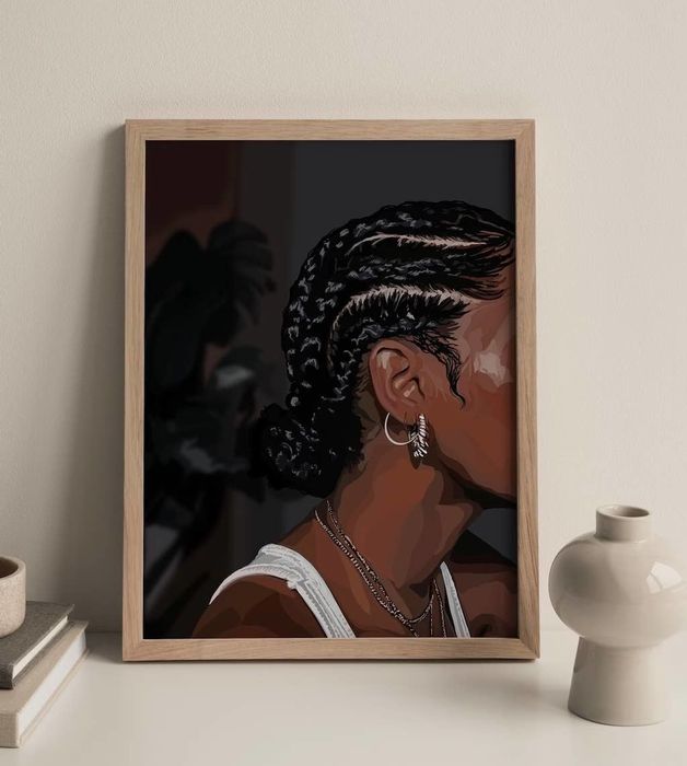A framed art print of a person with cornrows