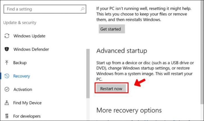 Nhấn vào Restart now. Sau khi thao tác này, máy tính sẽ được khởi động lại.