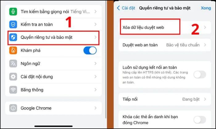 Tìm mục Quyền riêng tư và bảo mật rồi chọn Xóa dữ liệu Web