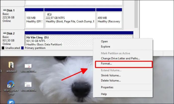 Nhấn chuột phải vào ổ cứng muốn format và chọn Format