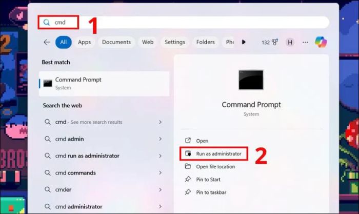Nhấn chuột phải vào Command Prompt và chọn Run as Administrator
