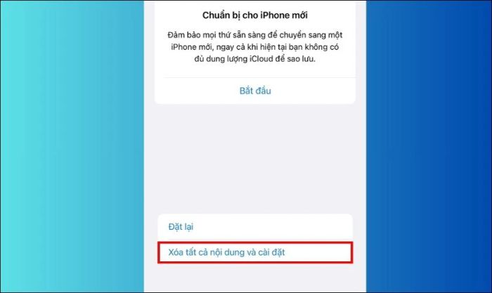 Chọn Xóa tất cả nội dung và cài đặt để tiến hành quá trình khôi phục.
