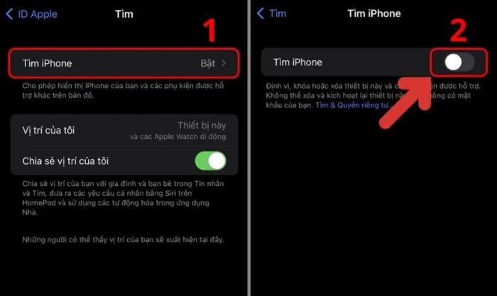 Trong phần Tìm, bạn chọn Tìm iPhone và tắt tính năng này đi