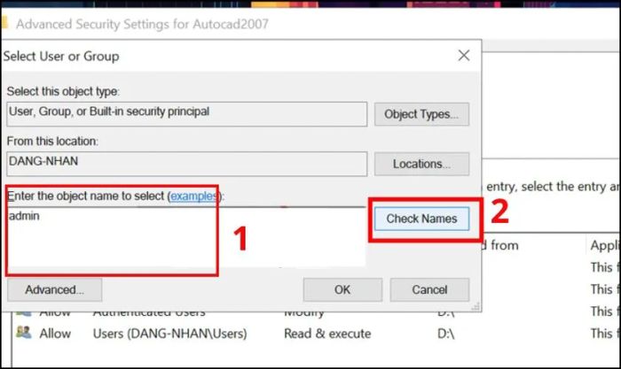 Nhập tên tài khoản người dùng vào mục Enter the object name to select