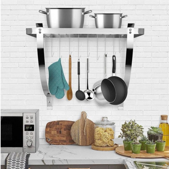 The pot rack hanging over a countertop