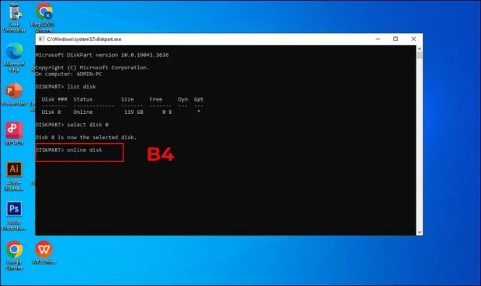 Gõ online disk và nhấn Enter để kích hoạt lại ổ đĩa