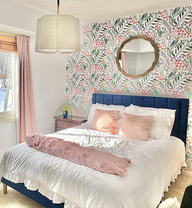 Reviewer photo of a blue velvet bed frame