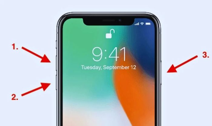 Nhấn nút Tăng âm lượng, tiếp theo là nút Giảm âm lượng, rồi nhấn và giữ nút Nguồn để khởi động lại iPhone.