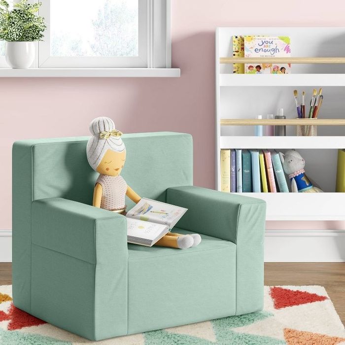 An image of a blue modern armchair designed for kids.